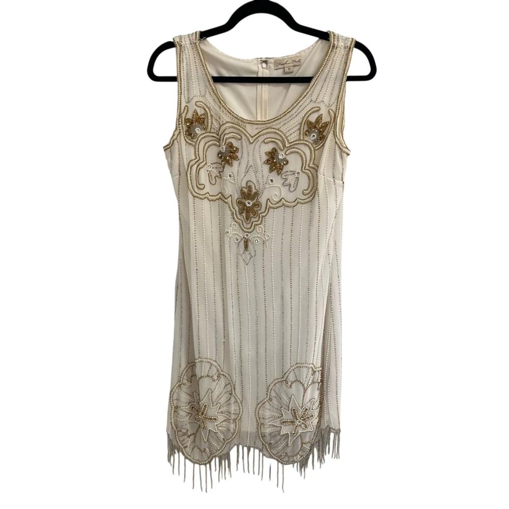 Frock and Frill Cream Gold Flapper Beaded Rhinestone Dress Women’s 10 Gatsby